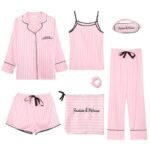 7 Pieces Pajamas Sets Faux Silk Striped Pyjama