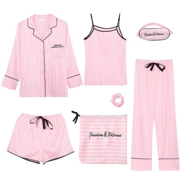 7 Pieces Pajamas Sets Faux Silk Striped Pyjama