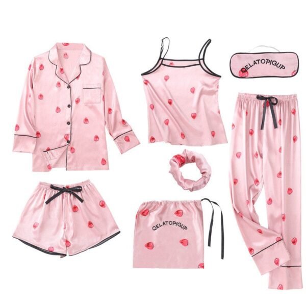 7 Pieces Pajamas Sets Faux Silk Striped Pyjama