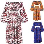 Printed African Style Women's Suit One-way Neck Top Split Skirt