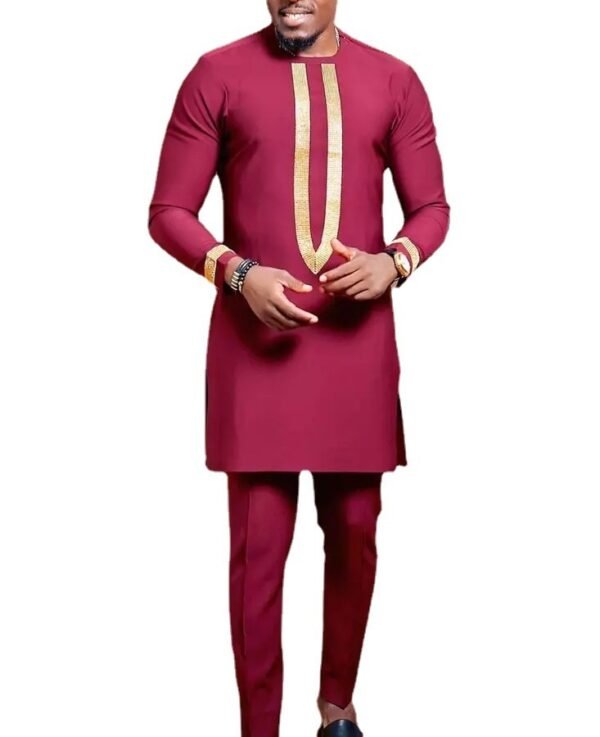 Chemise à manches longues de couleur unie brodée de style ethnique africain pour hommes