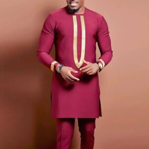 Afrikanischer ethnischer Stil besticktes Langarmhemd für Männer mit fester Farbe