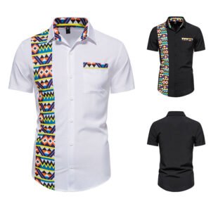 Chemise à boutons à manches courtes pour hommes, imprimé africain avec surpiqûres