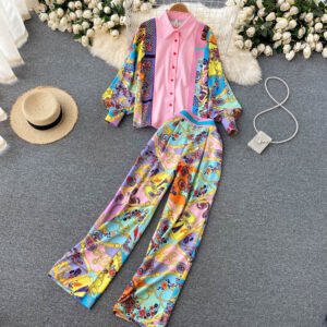 French Retro Print Temperament Loose Shirt Trousers Suit